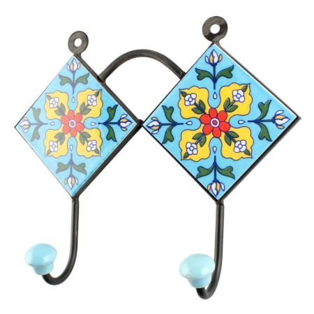 Turquoise Base Red Tiny Flower Ceramic Tiles Hook 